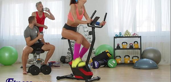  Fitness Rooms French brunette Megane Lopez douple penetration threesome on exercise bike